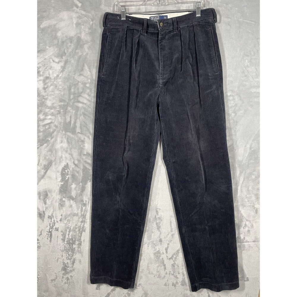 Polo Ralph Lauren Andrew Pant Mens Navy Blue Pleated Corduroy Trousers Vintage